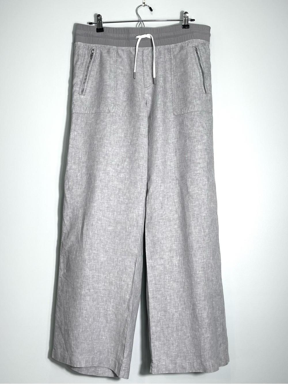 ATHLETA Women's 100% Linen Wide Leg Pants Gray Elastic Drawstring Waist Size 12